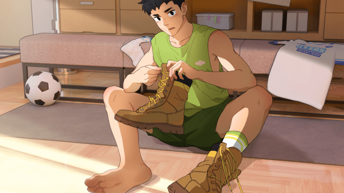 Wesley Vale tying his boot in a dorm room